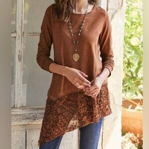 Soft Surroundings NWOT Petite Cassia Brown Silk Lace Asymmetrical Tunic Top